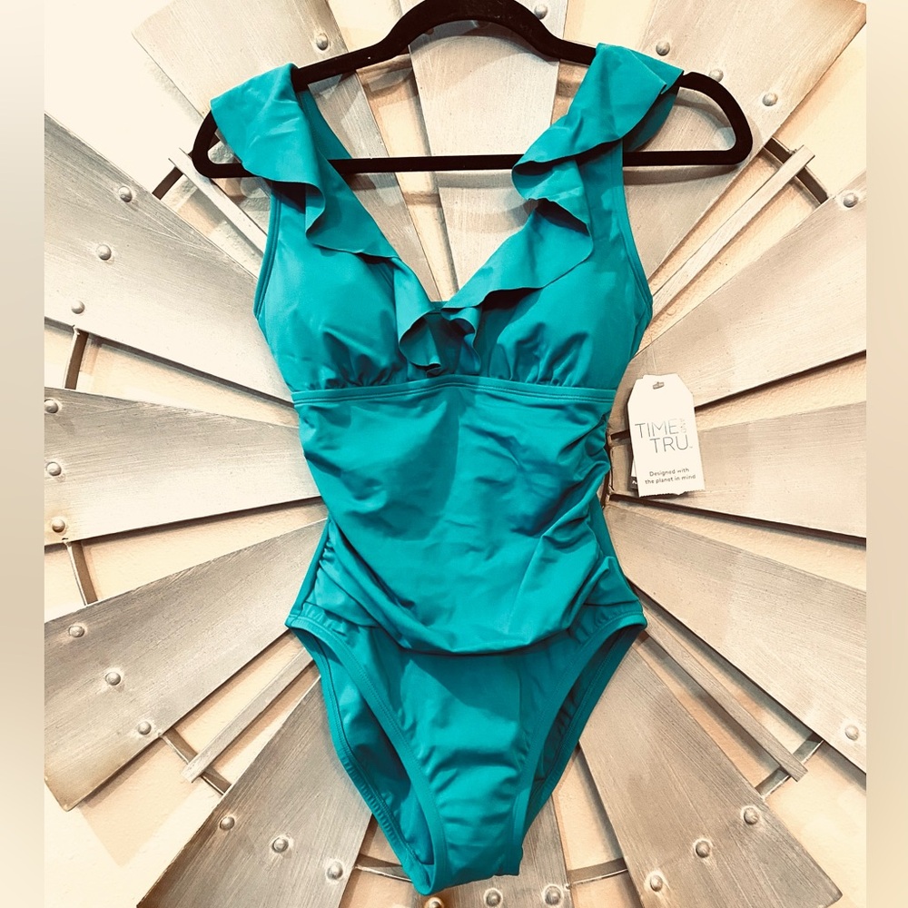 NWT Time and Tru Women’s Teal Ruffle One Piece swimsuit
